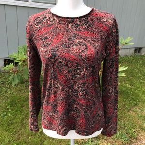 Jones NY long sleeve top, red/black paisley